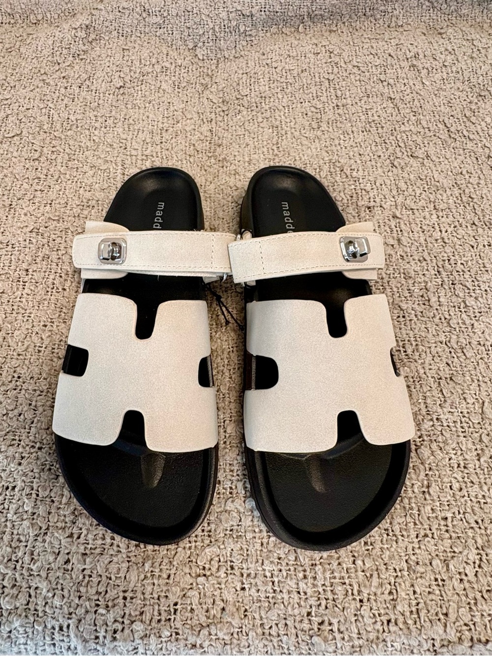 Madden Girl Cream and Black Slide Sandals with Buckle
